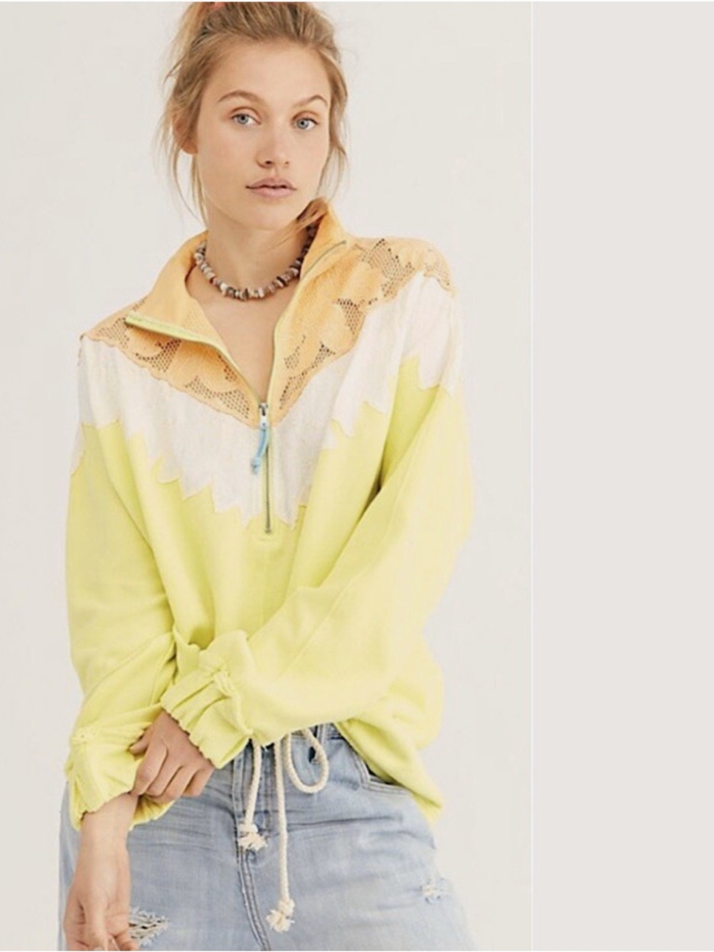 Free People Isla Pullover Oversized Sweatshirt Crochet Zip Lime Medium M $168